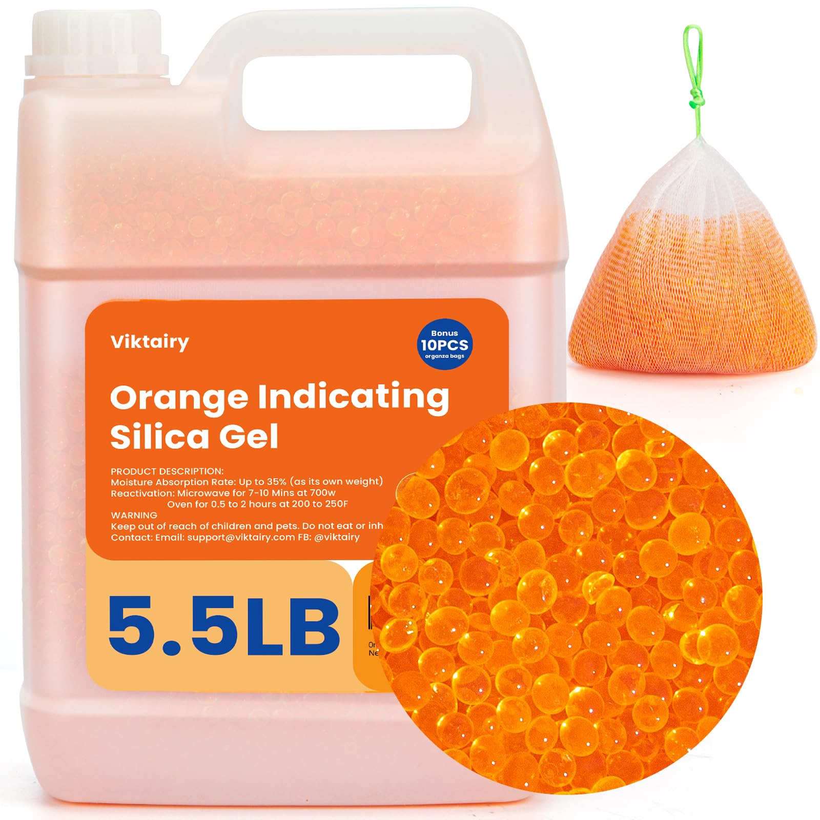 Dry&Dry Premium Orange Indicating Silica Gel Desiccant Beads - 5.5 LBS Bulk