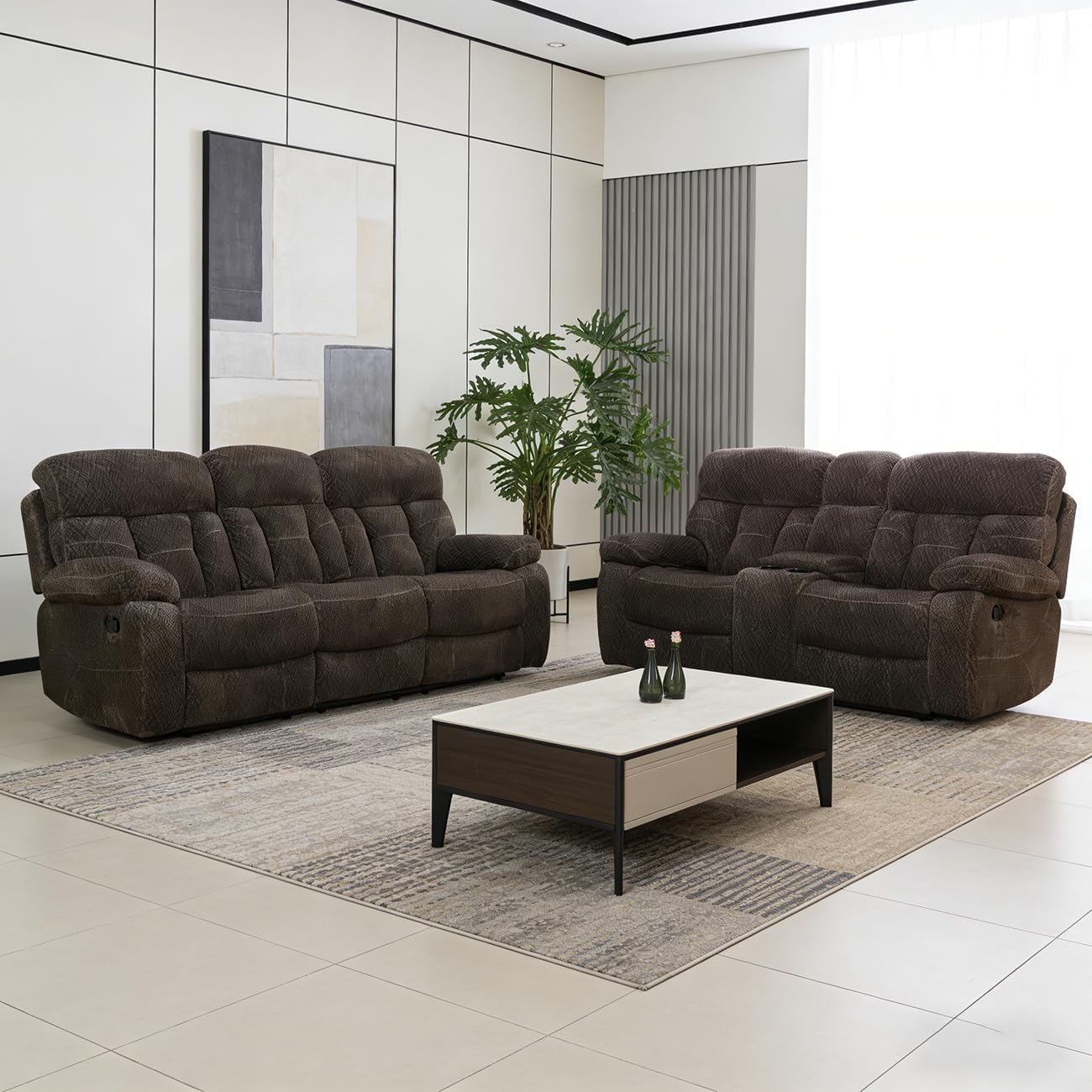 Manual Recliner Sofa Set,Flanne Reclining Living Room Furniture Set,Convertible Lounge Sofa with Coffee Table,Reclining Loveseat with Storage Consoloe for House/Office(Brown Flanne,3+2)