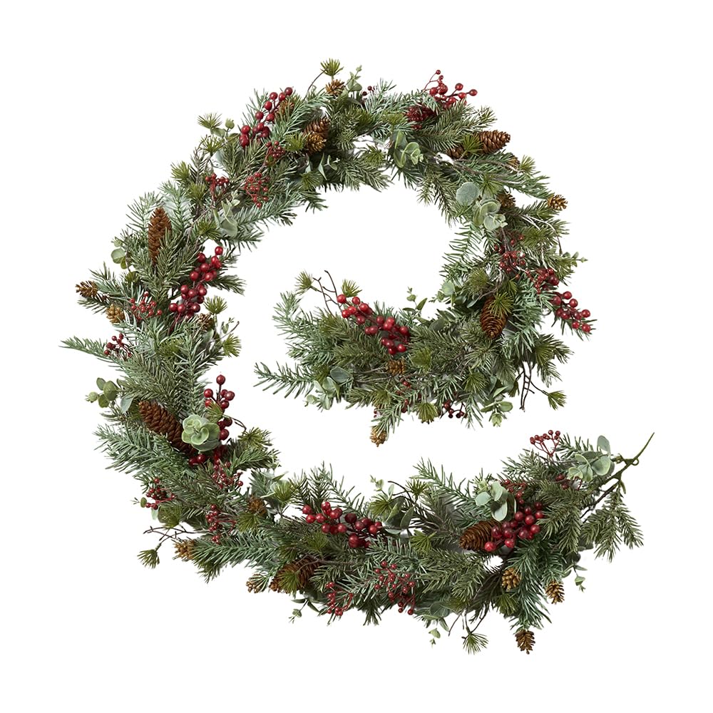 Künstliche Weihnachtsgirlande Tanne/Eukalyptus/Beeren - Länge 188 cm - Winterliche Deko für Innen & Außen (Rot/Grün)