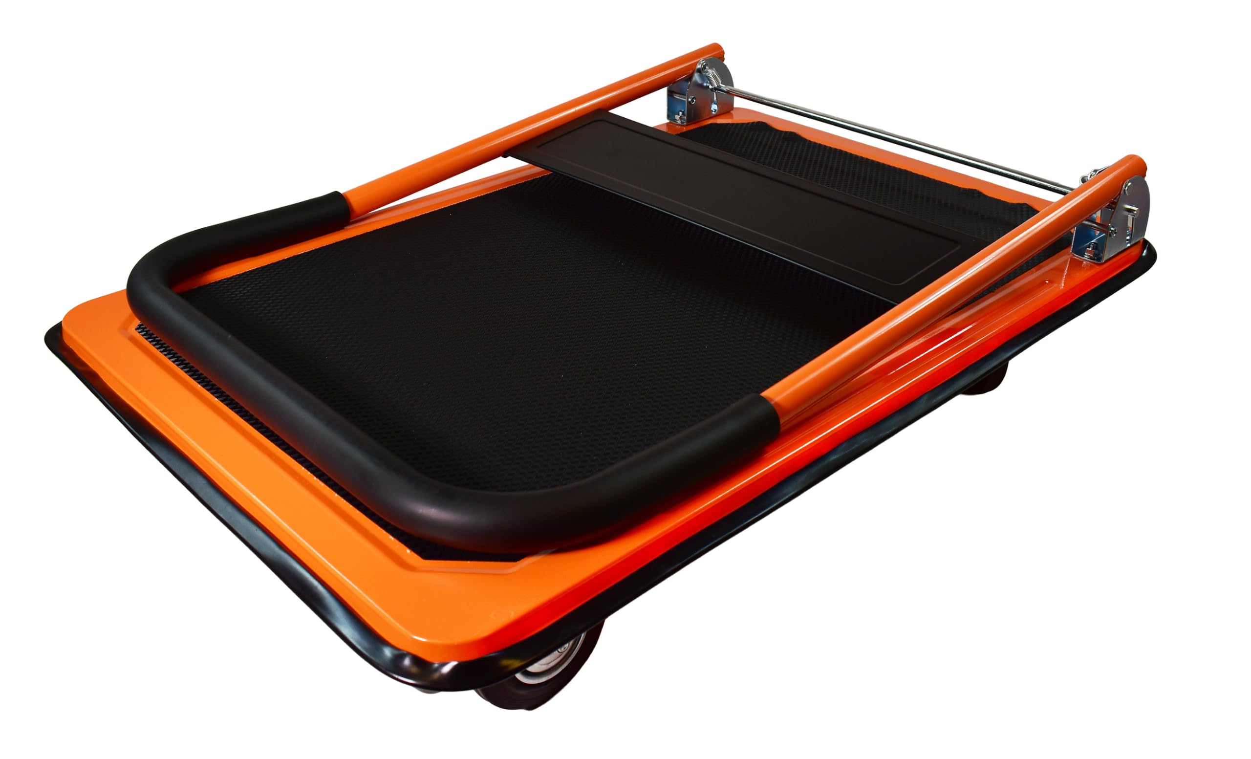 Plattformwagen klappbar bis 150 kg, Transportwagen für Lager, Werkstatt & Büro, Magazinwagen mit Rutschfester Oberfläche, gummierten Rädern & Stahlfelgen, 73 x 48 x 86 cm, Orange/Schwarz
