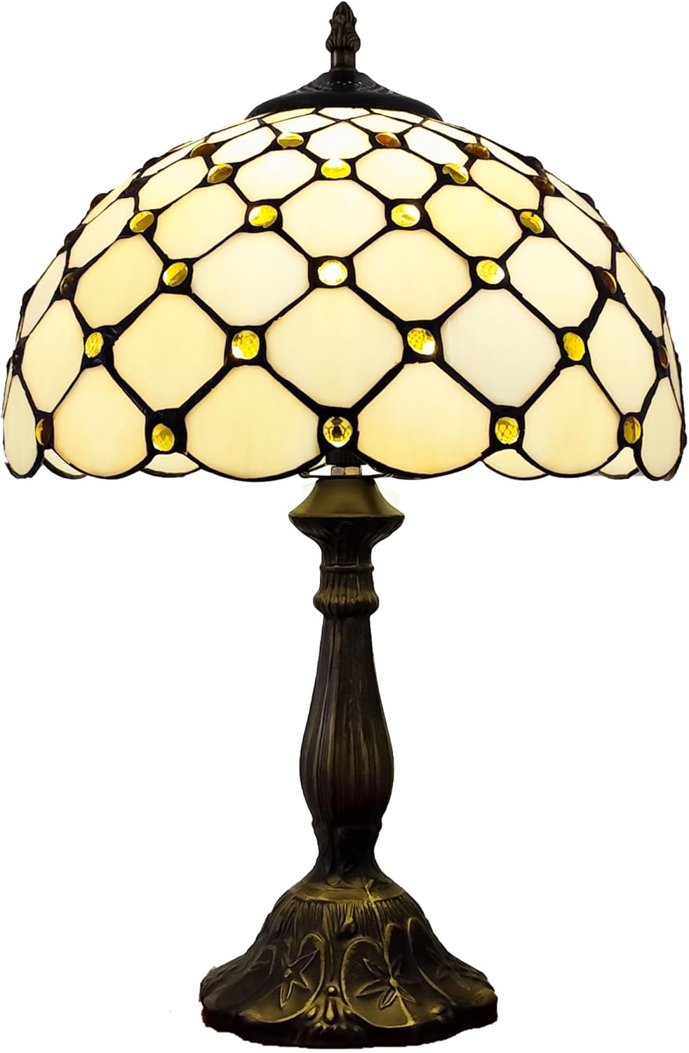 Tiffany Lamp Stained Glass Table Lamp - Antique Bedside Desk Reading Light With 3-Way Color LED - Living Room Nightstand 12X12X19 Inches - Home Office Desk Lamp - Cream White Pearls Style