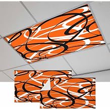 Abstract Art 2PCS Fluorescent Light Covers - Lampshade Ceiling Lights with 10 Magnets Fixtures, Modern Orange Black Circle Lines Light Filters Cover Panel for Soften Glare Indoor Spaces Supplies