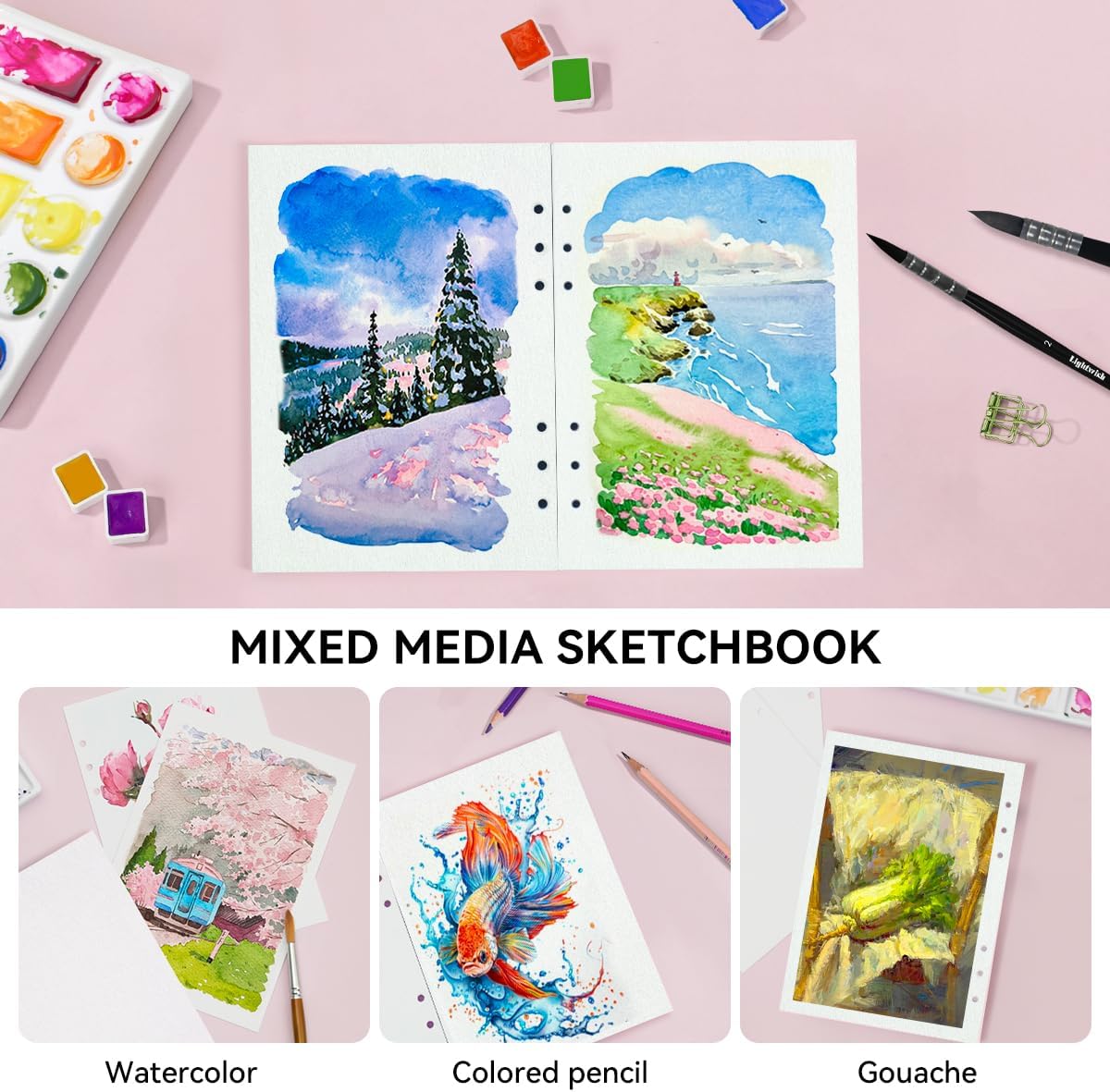 LIGHTWISH Watercolor Paper Bulk, 100% Cotton Cold Press 300gsm/140lb, 2 Pack, Total 40 Sheets A5 Hole-Punched Replaceable Paper for Artists, Adults,Students,5.8 * 8.2 Inches