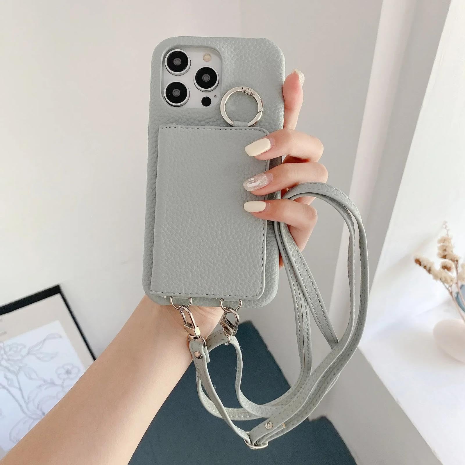 ストラップ付きロゴレザーホルダーミラー付き iPhone16対応】レザー 腕かけストラップ ミラー付き カード収納 8色