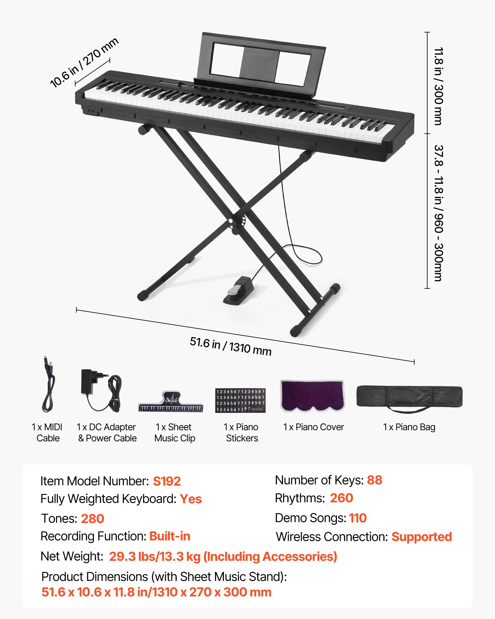 VEVOR Pianoforte Digitale a 88 Tasti, Tastiera Pianoforte con Altoparlanti, con Supporto a X, Pedale Sustain, Funzione di Registrazione, 280 Toni, Connessione Wireless, per Principianti, Nero