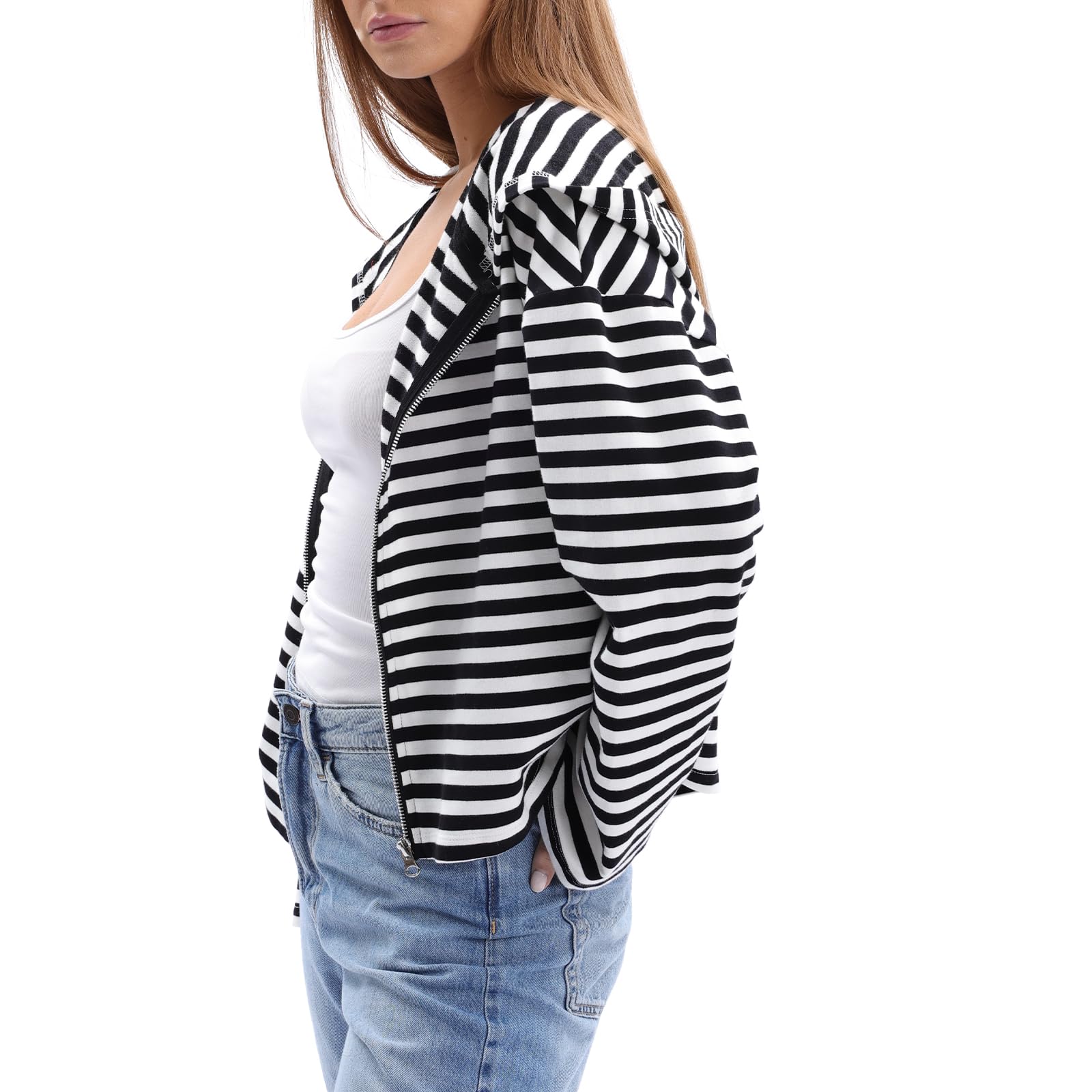 Amazhiyu Felpe con cappuccio a righe da donna UK, giacca oversize a maniche lunghe con cerniera intera, abbigliamento primaverile con cappuccio a righe S-XL