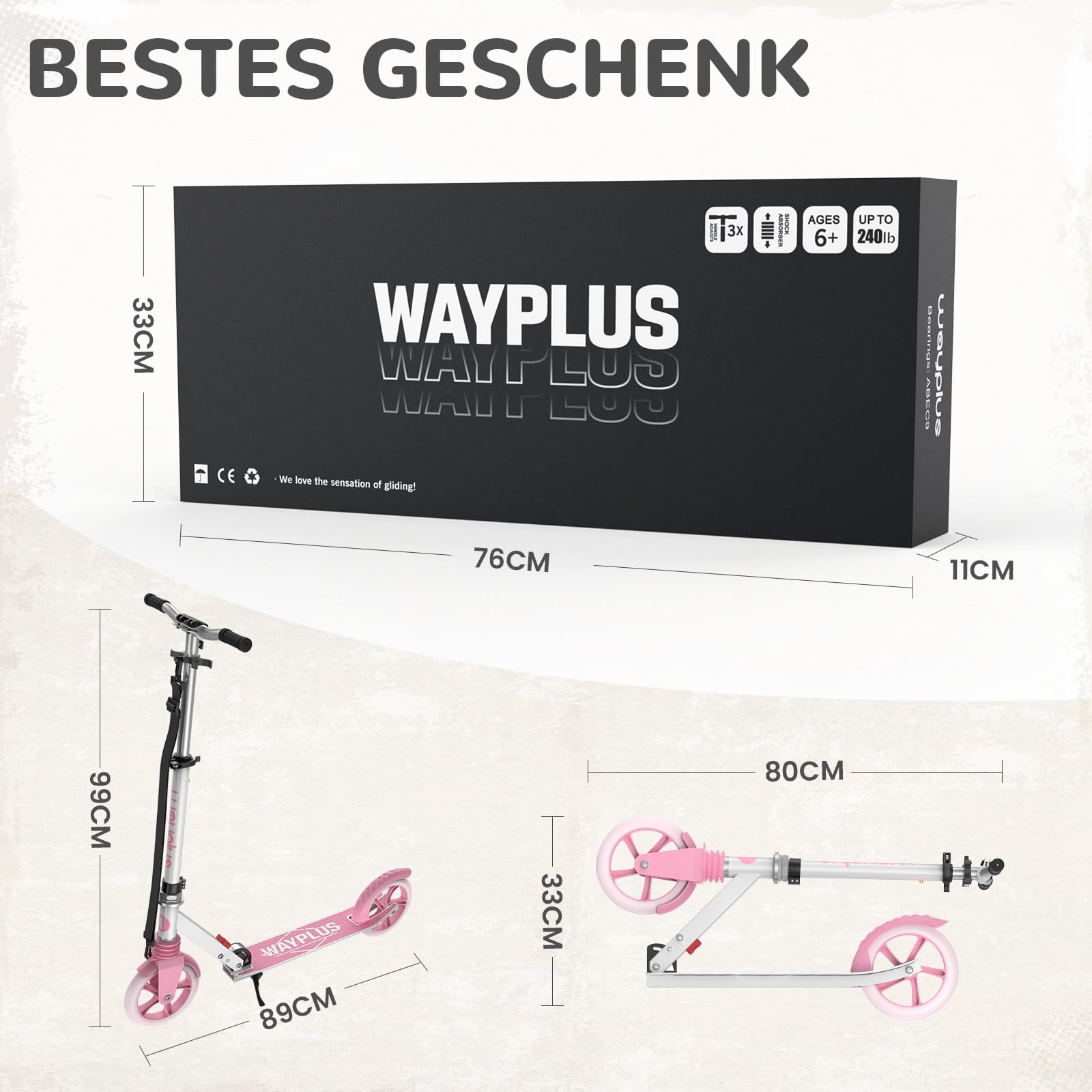 WAYPLUS Cityroller für Kinder, Jugendliche & Erwachsene ab 6 Jahren, Leicht & Zusammenklappbar, Max. Belastbarkeit 108kg, 200mm Räder mit ABEC9 Kugellager, Höhenverstellbar & Inkl
