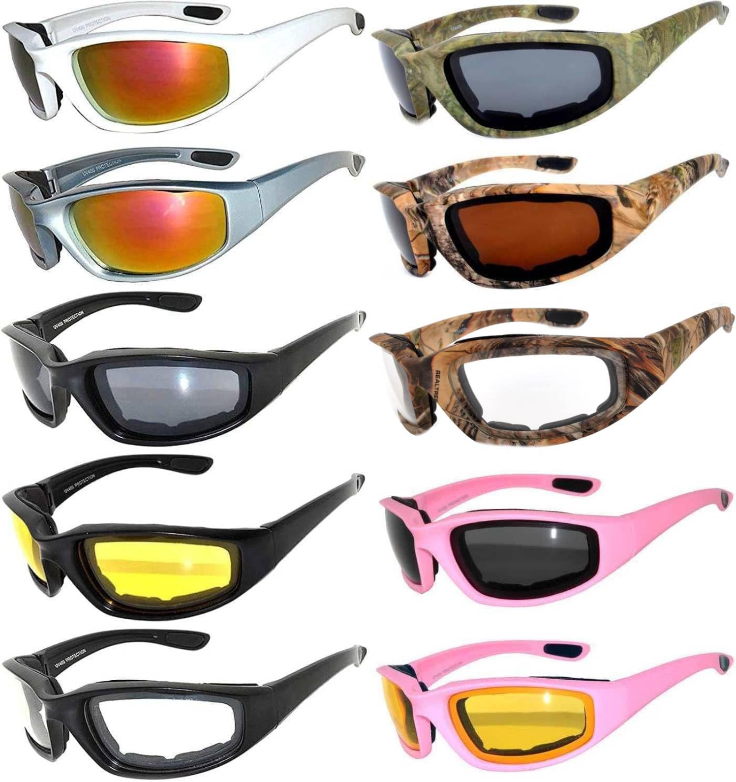 OWL Motorcycle Riding Sport Sunglasses Assorted Color Multipacks, Unisex Foam Padded Wind Blocking Glasses UV400 Protection