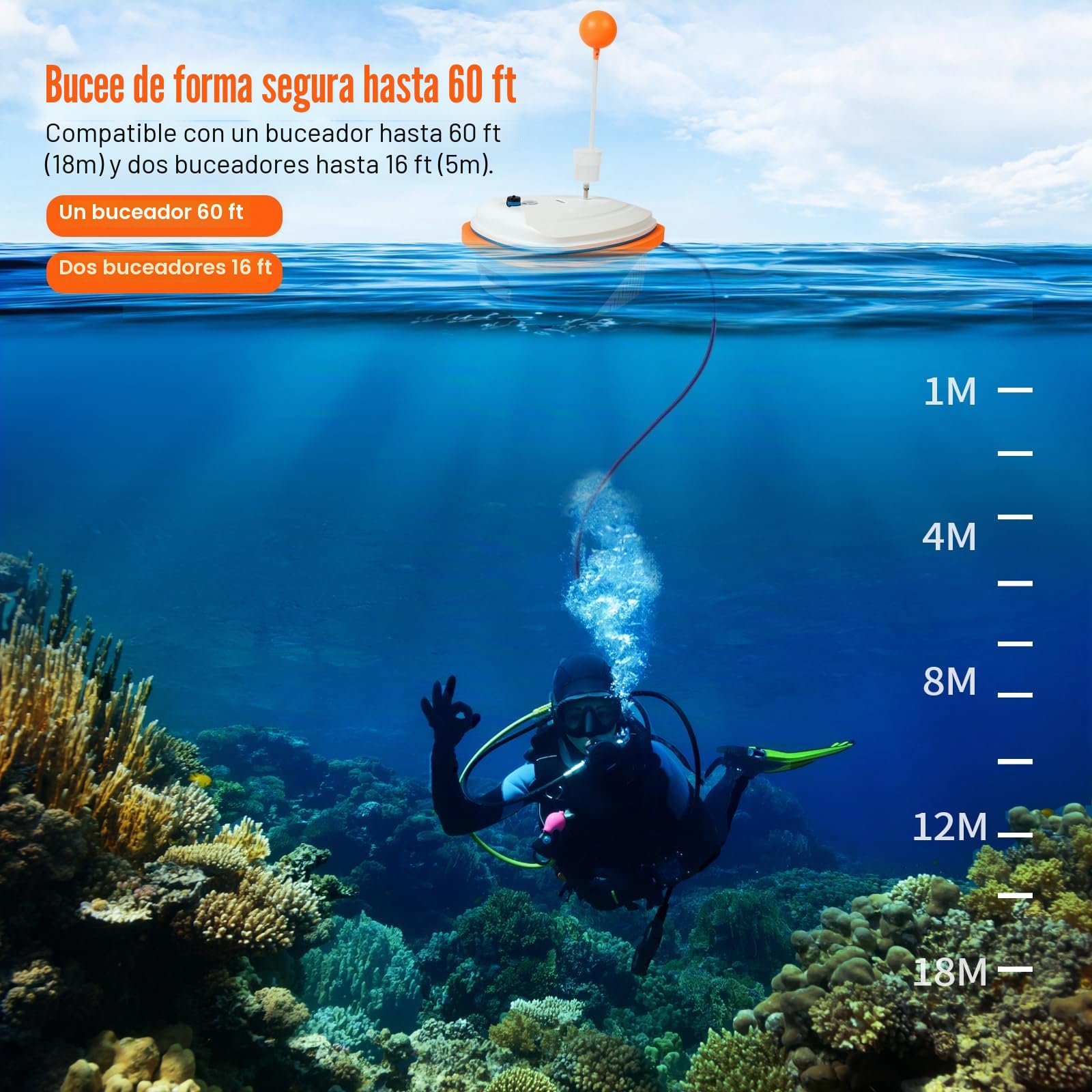Sistema de buceo, compatible con 2 buceadores, ventilador de buceo con manguera de 60 pies, regulador de respiración de buceo, dispositivo de respiración subacuática, sistema de buceo sin