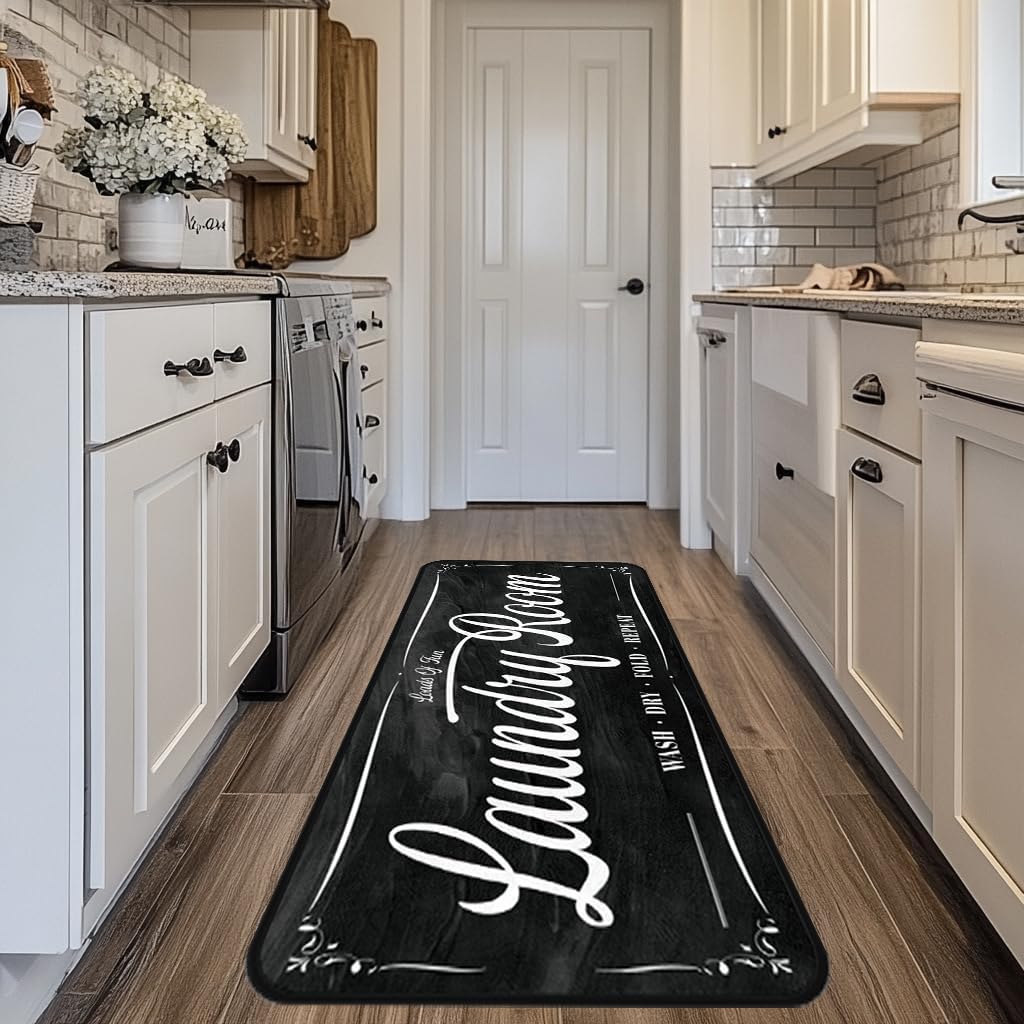 Laundry Room Rug Runner 20"X59" Non Slip TPRback Laundry Rugs for Laundry Decor Bordered Design Washable Runner Rugs for Kitchen Floor Laundry Room Bathroom Hallway Entryway Area Rugs-Black-2