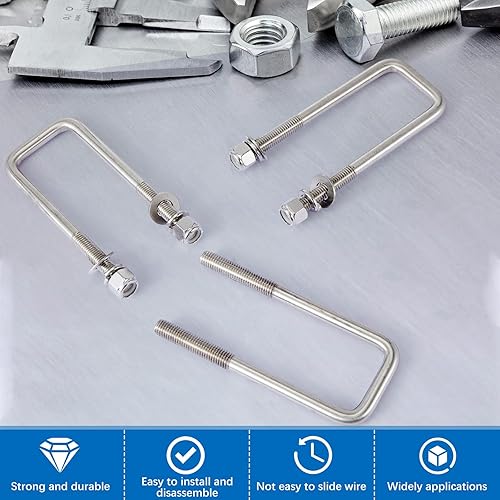 Miniatura 12 de Hotop - 4 pernos en U cuadrados de acero inoxidable 304 con arandelas y tuercas, perno en U resistente para veleros, remolques, automóviles, pieza