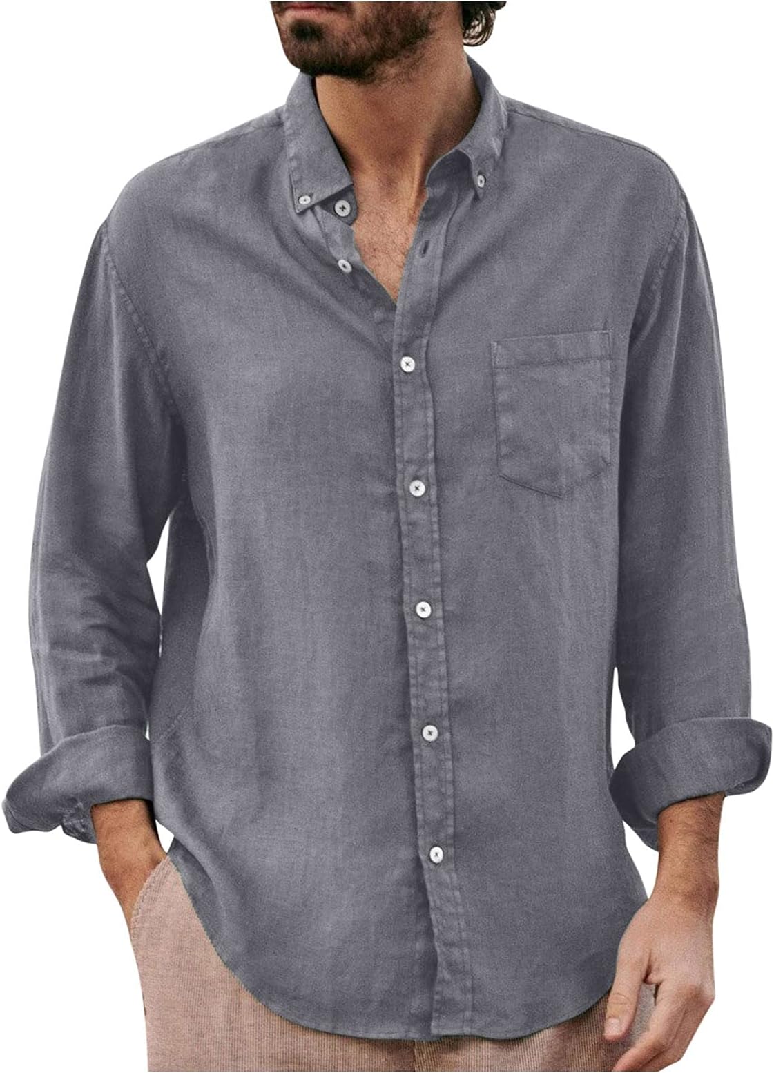 CenlangMen's Long Sleeve Dress Shirt Casual Regular Fit Button Down Business Shirts Plain Solid Cotton Linen Spread Collar Tops