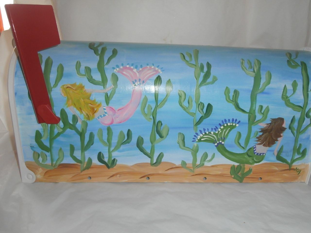 Hand painted standard metal mailbox in mermaids.