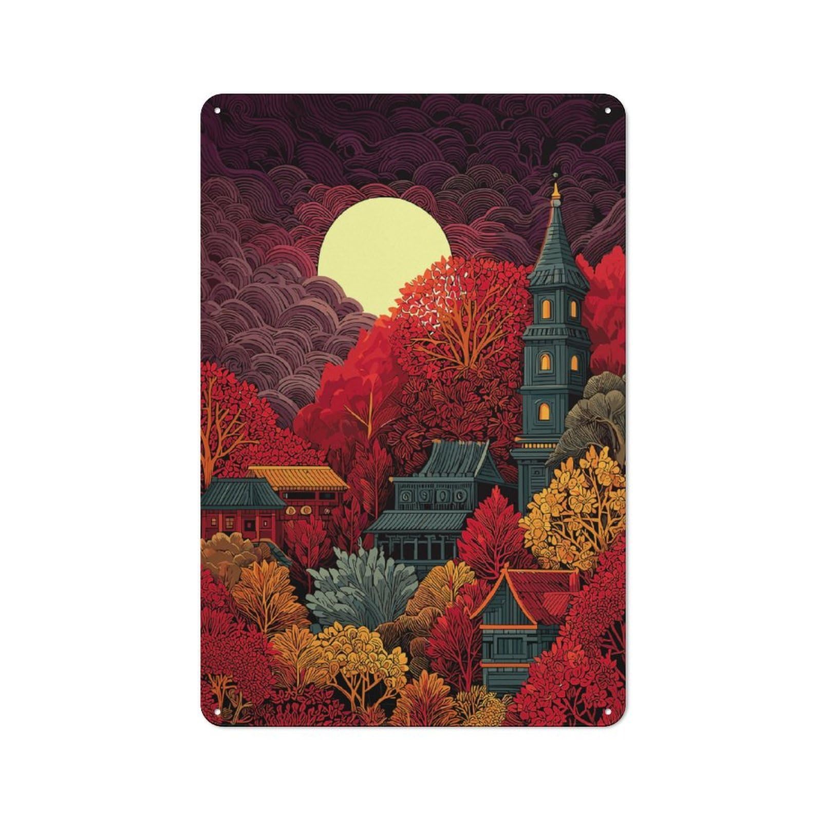 Junmoney Japanese Landscape With Pagoda And Moon 30X20cm Rustic Tin Sign With For Living Room Or Hallway, For Vintage Wall Decor Fans, For Themed Room Decoration