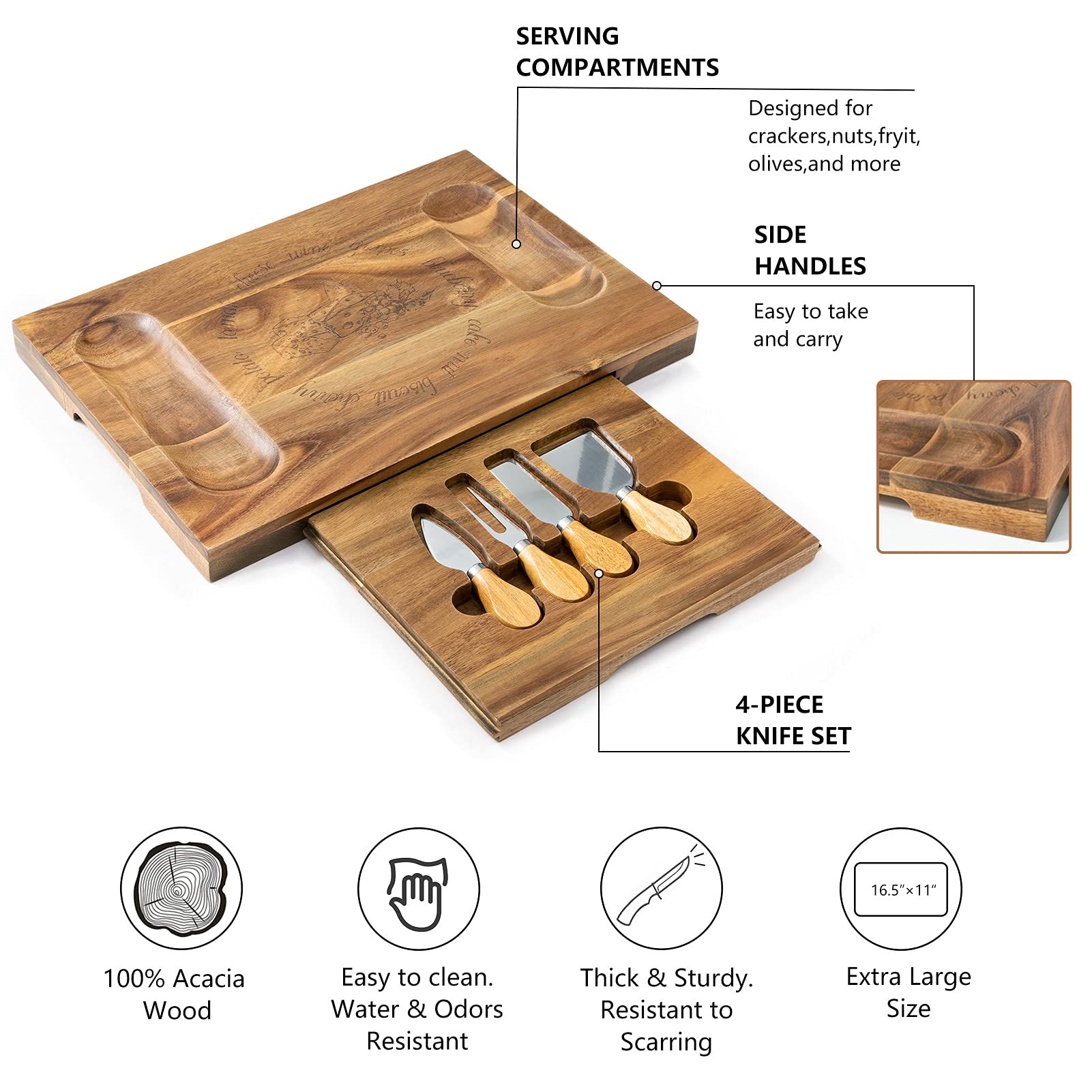 HBlife Käsebrett und Messer-Set, Akazienholz, 27,9 x 40,6 cm, Käseplatte mit 4 Edelstahl-Messern, Charcuterie-Platte, Hauseinweihungsgeschenk, perfekte Wahl für Weihnachten, Erntedankfest, Hochzeit