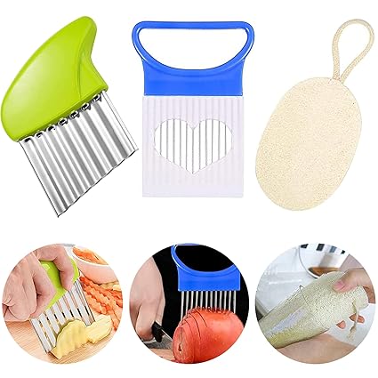 Crinkle Cutter Food Slicer Assistant Tool for Potato Cutter,Tomato Slicer,Carrots,Vegetable Slicer,and Natural Loofah Dish Cloth 3 Piece Set