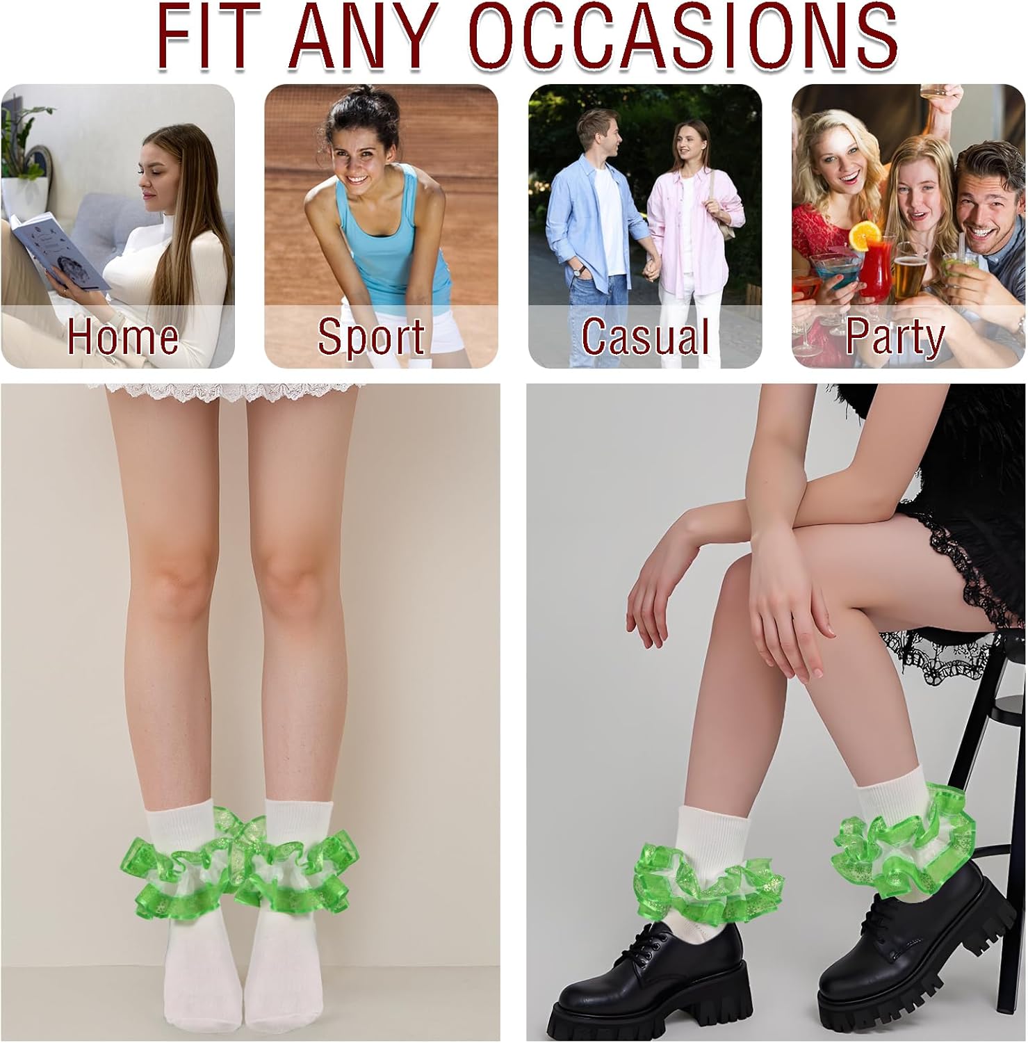 Women Christmas Ruffle Socks, Adult Foldover Cuff Double Lace Frilly Bobby Fancy Sock, Snowflake Pattern(Red Green) - Image 7