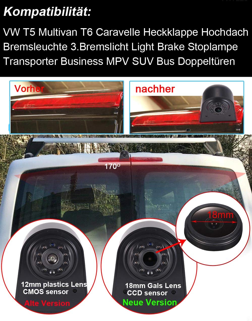 Światło hamowania, kamera, wodoszczelna, widoczność w nocy, kamera cofania, transporter system cofania + wyświetlacz LCD 4,3" do VW T5 T6 od 2010 roku, 3. światła hamowania, Caravelle Multivan Van