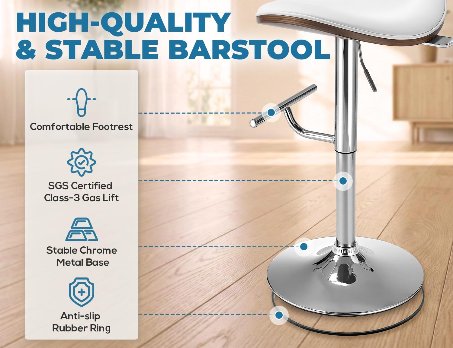 Adjustable Height Barstools Set of 4: Swivel Modern Kitchen Counter Bar Stools, Leather Upholstered Bar Chairs with Walnut Bent Plywood Backrest & Footrest for Island, Dining Room Pub, White
