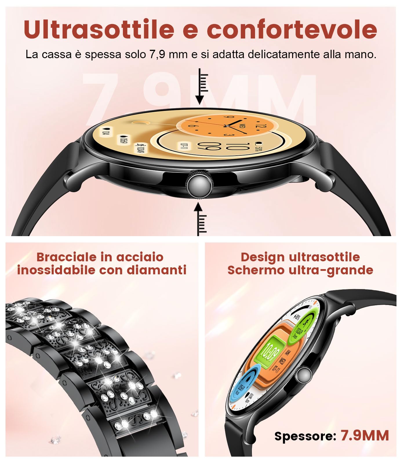 LIGE Smartwatch da donna 1.43" AMOLED rotondo touch screen con funzione telefono, fitness tracker donna 120 + modalità sport/IP68/SpO2/frequenza cardiaca/ciclo mestruale Diamond Smart Watch per iOS