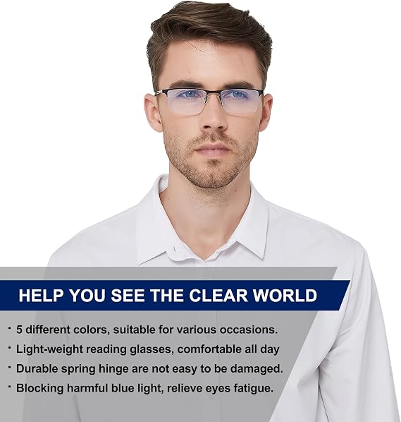 LOUOL READERS for Men Blue Light Blocking Reading Glasses, Half Frame Metal Readers with Spring Hinge, 3-Pack
