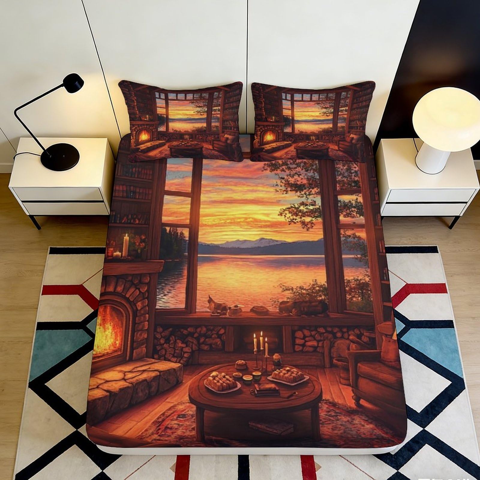 3D Printed Sunset Cabin View Fitted Sheet Microfiber Soft Scenic Lake Mattress Cover for Bedroom Guest Room Decor 90x200x25cm