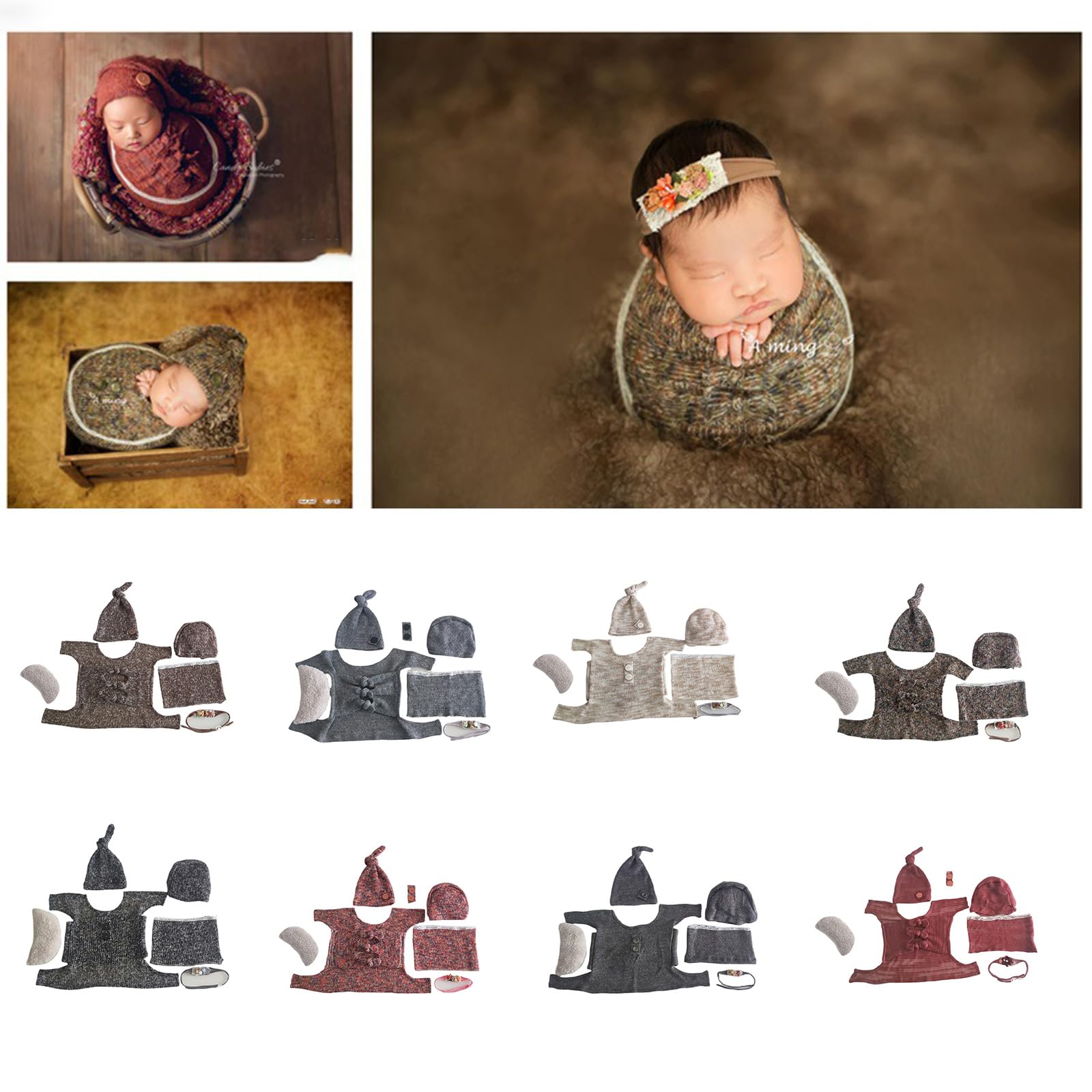 Photoshooting Props for Newborn Hat Stretchy Wrap Photo Posing Backdrop Photo Decoration 7PCS
