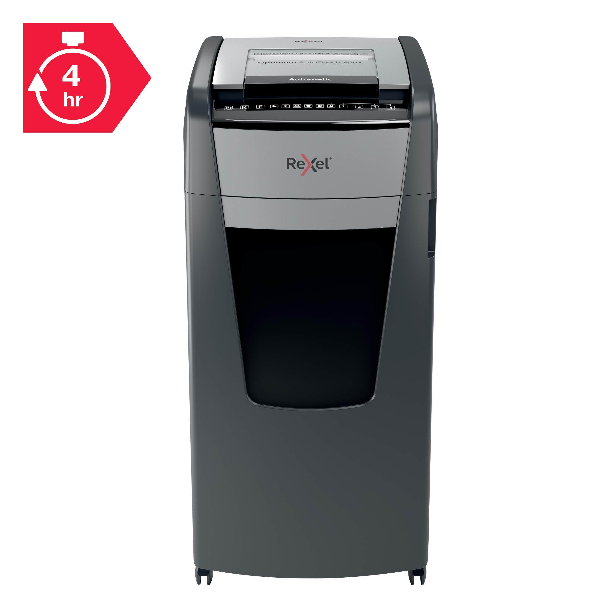 REXEL Optimum Auto Feed+ 600X, Distruggidocumenti Automatico, 600-660 Fogli (80-70 gr/mq), Taglio a Frammento, Livello di Sicurezza P-4, per i Grandi Uffici, Capacità 110 Litri, con Ruote, 2020600XEU