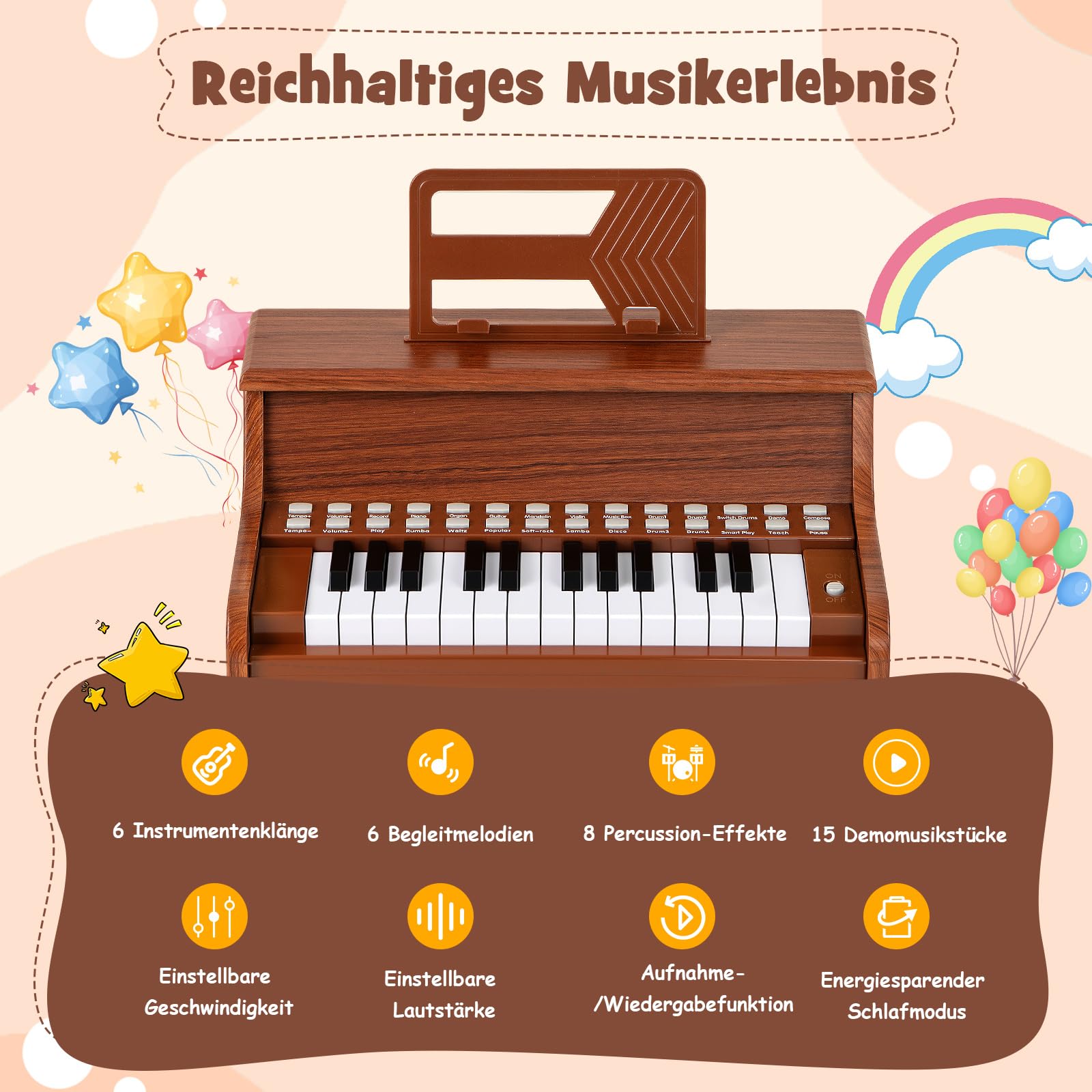 COSTWAY Clavier de Piano Enfant à 25 Touches avec Pupitre Amovible, Piano Numérique avec Mode d'Enseignement & Haut-Parleur, Vitesse et Volume Réglables, Instrument de Musique pour 3 Ans+ (Marron)