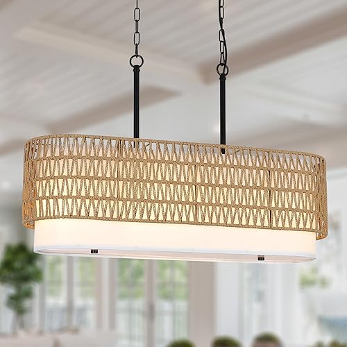 Miniatura 9 de HMVPL Candelabros de ratán para comedor, lámpara de comedor bohemia, lámpara colgante de cocina lineales de 5 luces con pantalla de tela, lámpara