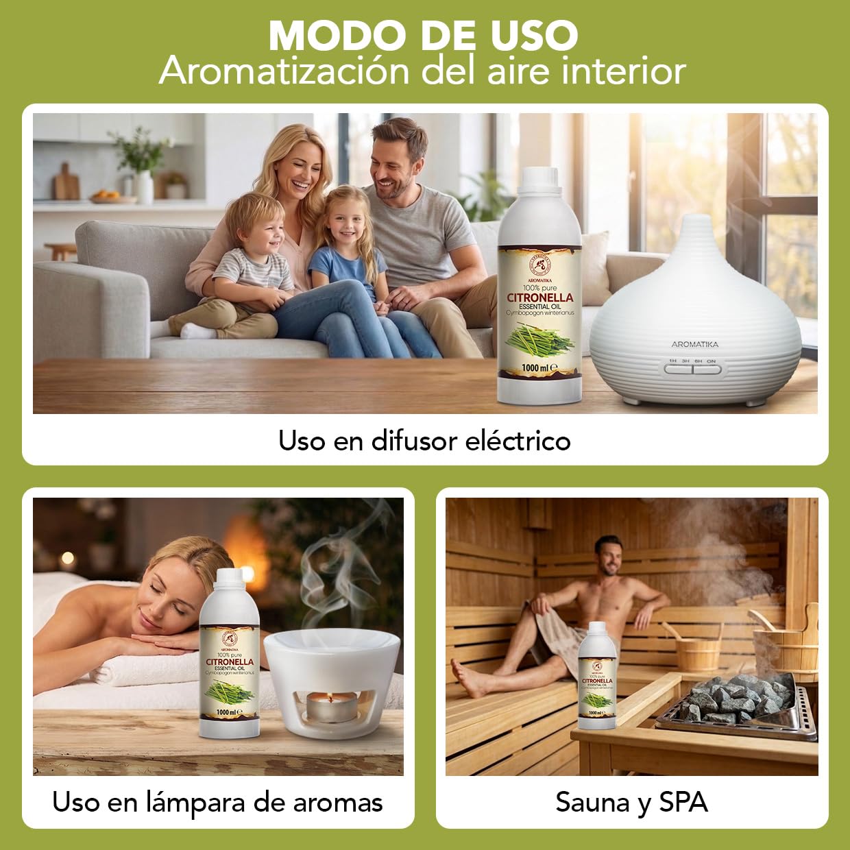Aceite Esencial de Citronela 1000 ml - Cymbopogon Winterianus - Natural y Puro - Aceites Esenciales para Difusores - Fragancias para el Hogar - Jabones y Velas - Sauna - Aroma fresco - Aromaterapia
