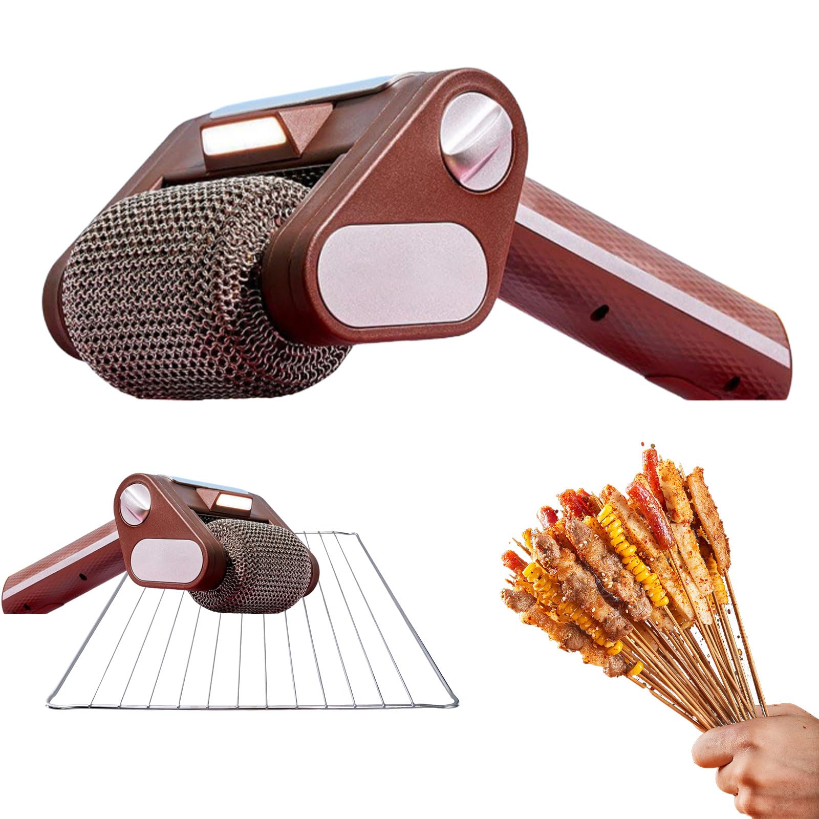 Ysinobear Brown Electric Grill Cleaner Bristle-Free,Spinning Grill Brush With Led,Bbq Power Brush For Cleaning,Cordless Electric Cleaner, Rechargeable 350 Rpm Spinning Roller Kitchen Gadgets (Brown)