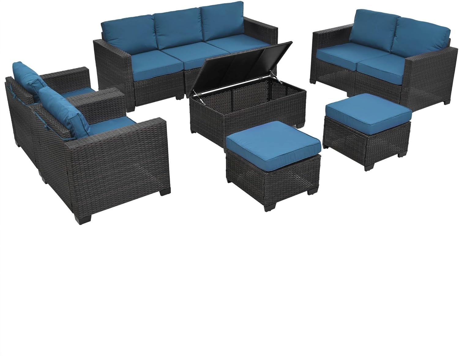 10 Pieces Outdoor Patio Furniture Sets with Cushions Coffee Table Hidden Storage Wicker Rattan Patio Sofa Conversation Set for Porch Balcony Poolside
