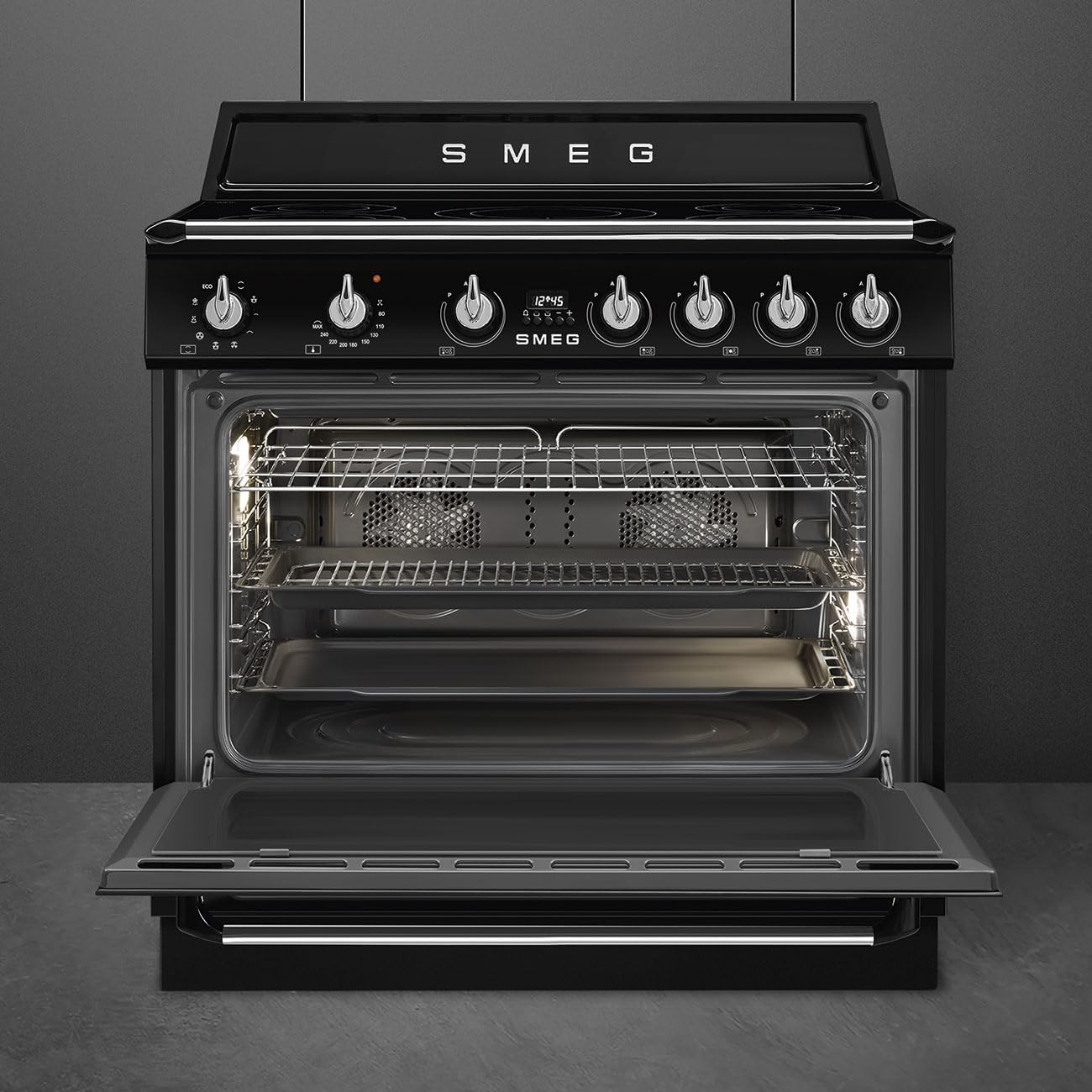 Smeg TR90IMBL - Cocina de acercamiento, línea Vittoria, 90 x 60 cm, placa de inducción, horno eléctrico de 115 litros, color negro brillante, clase energética A
