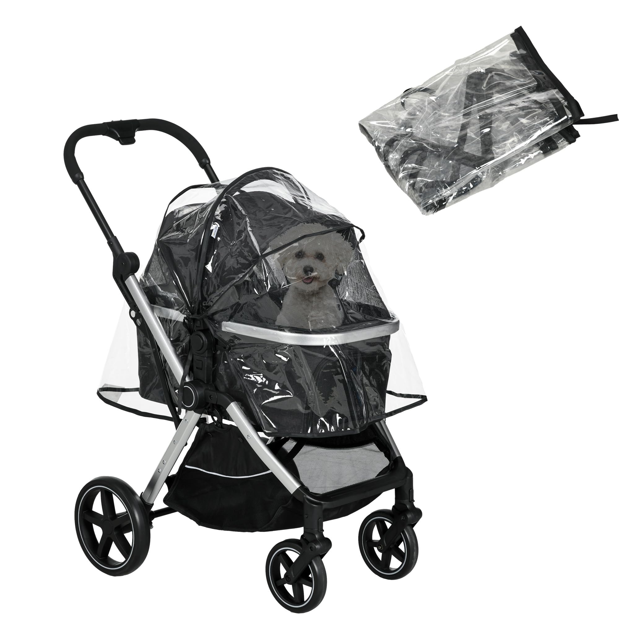 PawHut Cochecito para perros con capota para la lluvia, con correas de seguridad, para perros pequeños, color negro, 84 x 58 x 110 cm
