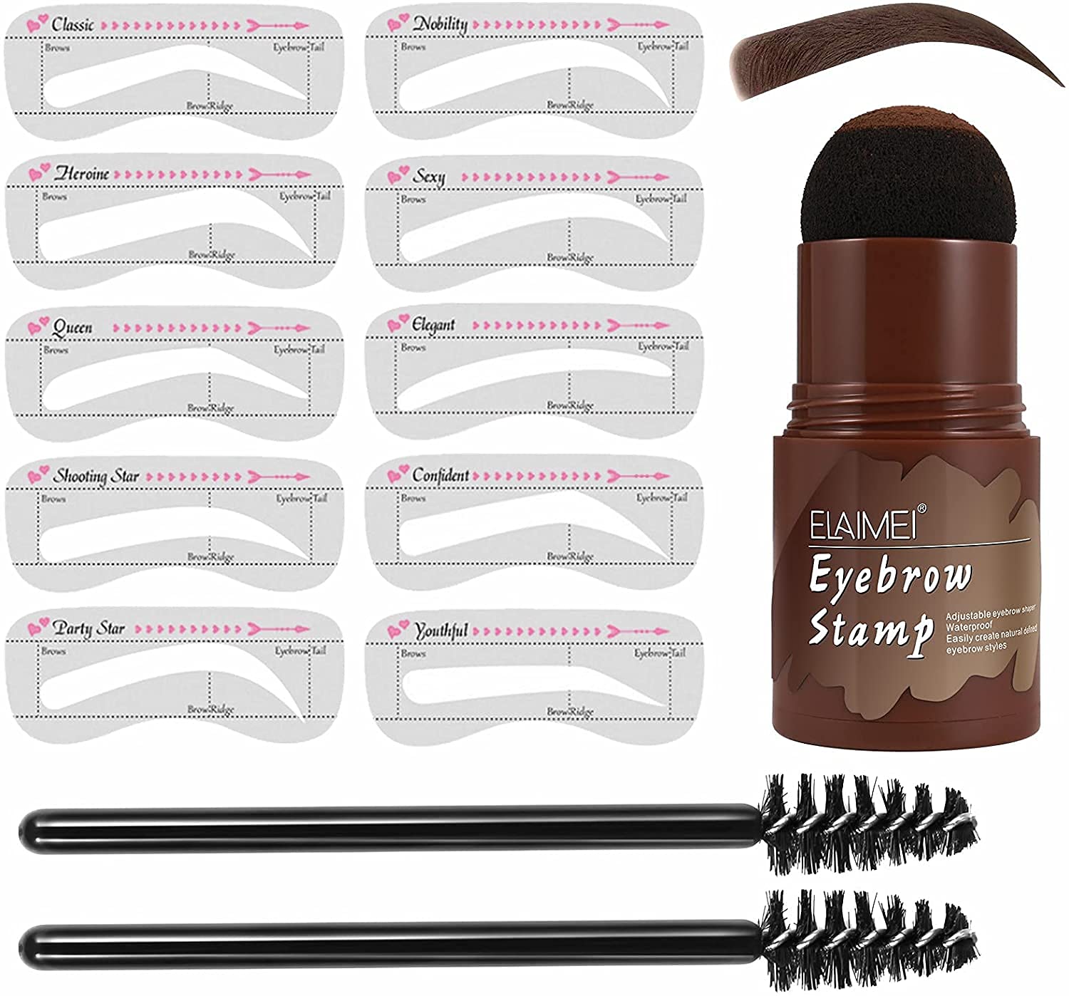 Eyebrow Stamp Kit,One Step Eyebrow Stamp Waterproof,Makeup Eyebrow Powder Stencil Kit,Eyebrow Stamp Makeup Tools,10 Reusable Eyebrow Stencils,2 Eyebrow Pen Brushes, Brow Stamp