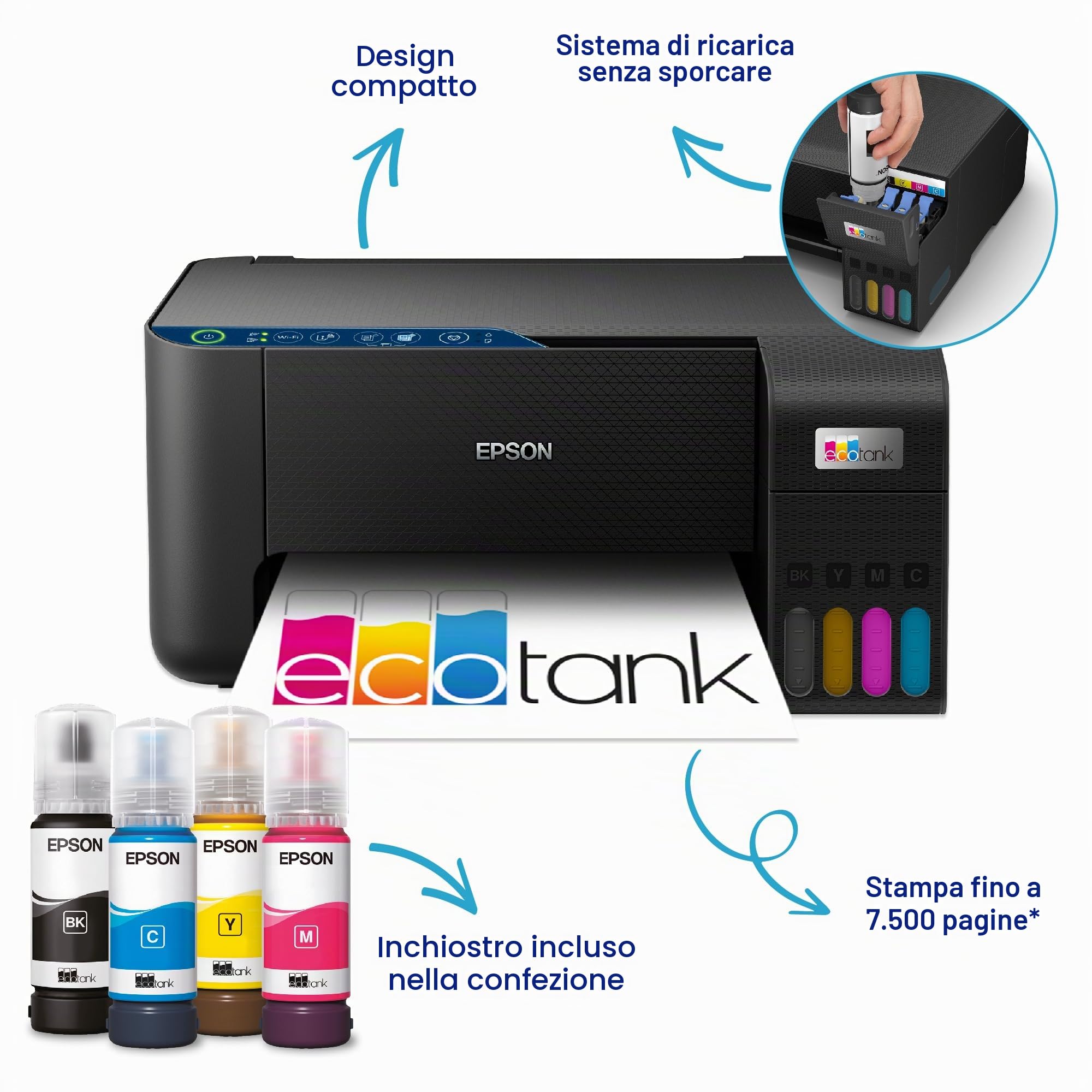 Epson EcoTank ET-2861 stampante multifunzione inkjet 3in1 A4, serbatoi ricaricabili alta capacit?, 4 flaconi inclusi pari a 4500pag B/N 7500pag colore, Wi-FI Direct, USB (ECOTANK ET-2861)