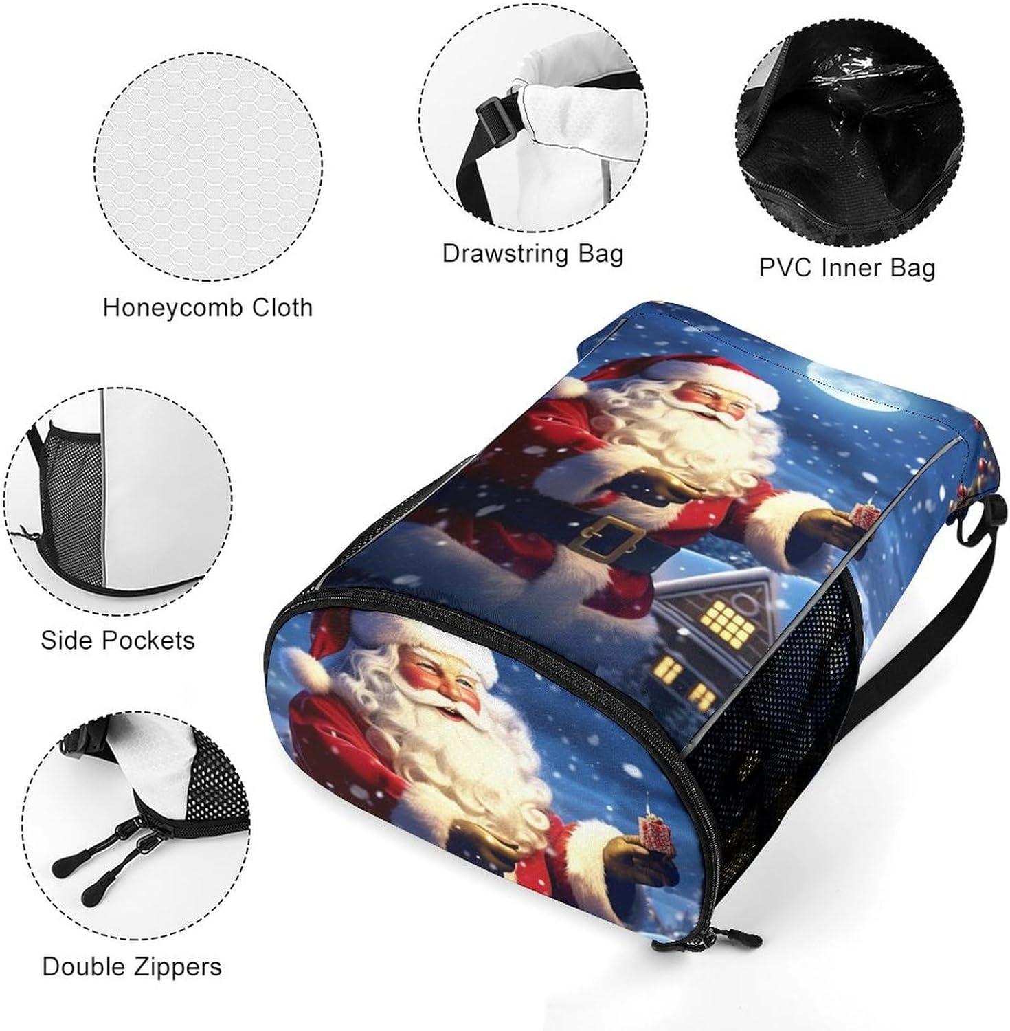 Small Gym Bag Winter Christmas Santa Printed Drawstring Gym Bag for Men Lightweight Waterproof Drawstring Backpack for Women with Shoe Compartment for Travel Tourism Work And Fitness