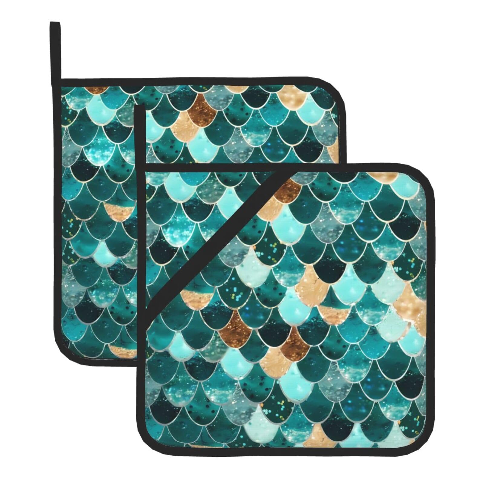 WHJDPP Mermaid fish scale print Prints Square Hot Pads for Kitchen - Waterproof Pot Holders Set of 2, Durable Trivets with Pocket & Hanging Loop for Hot Dishes & Oven Use