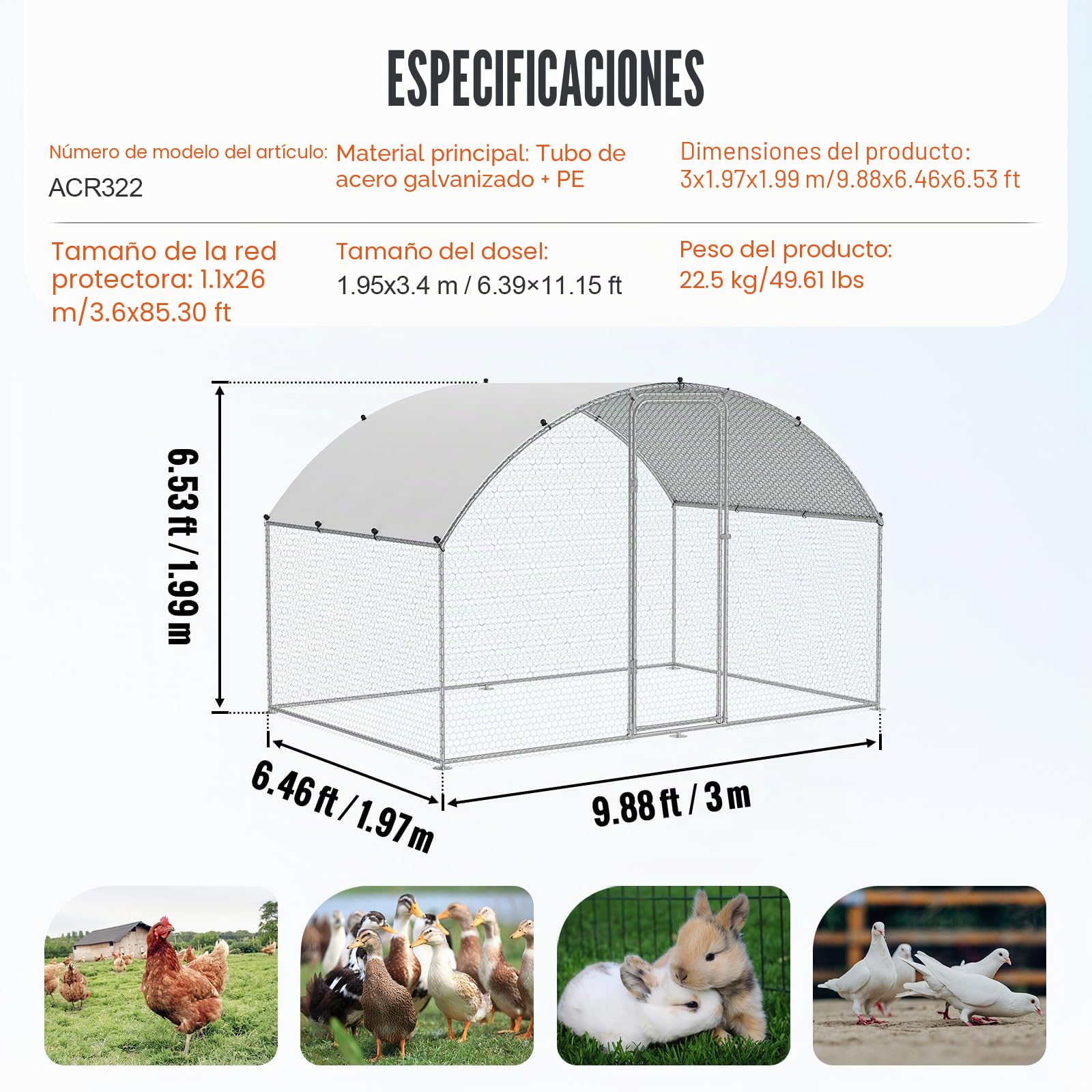 VEVOR Gallinero 3 x 1,97 x 1,99 m con Cubierta Impermeable, Corral para Patio con Techo y Cerradura de Seguridad para Exteriores y Patio Trasero, Granja, Jaula para Conejos