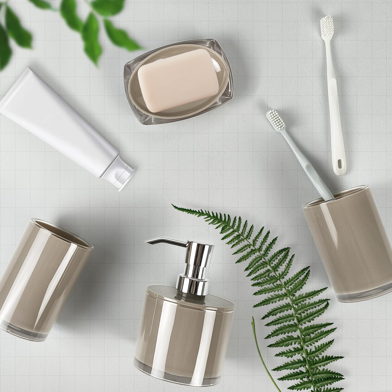 Juego de accesorios de baño gruesos, juego de accesorios de baño de 4 piezas con 2 vasos para cepillo de dientes, dispensador de jabón, dispensador de jabón (marrón claro)
