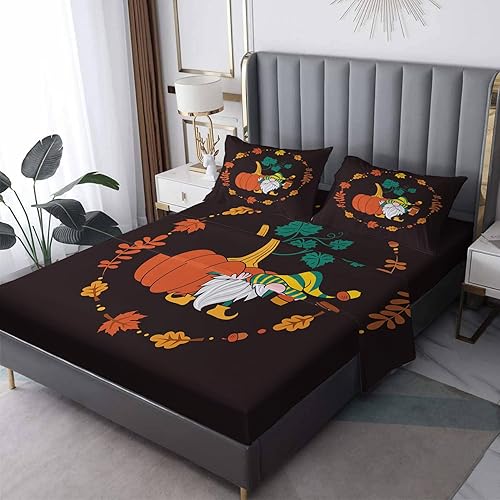 Juego de sábanas tamaño Queen de gnomo de otoño, sábanas de calabaza de Acción de Gracias, microfibra suave, bolsillo profundo, sábanas y fundas de disponible en Yaxa Peru
