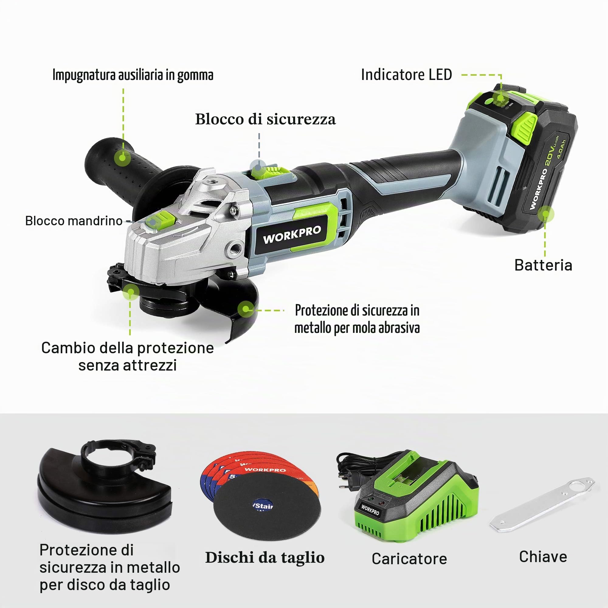 WORKPRO Smerigliatrice angolare elettrica senza fili 20 V con batteria 4,0 Ah, Ø125 mm, leggera con 5 dischi da troncare, 2 cappucci di protezione, caricatore rapido e manico