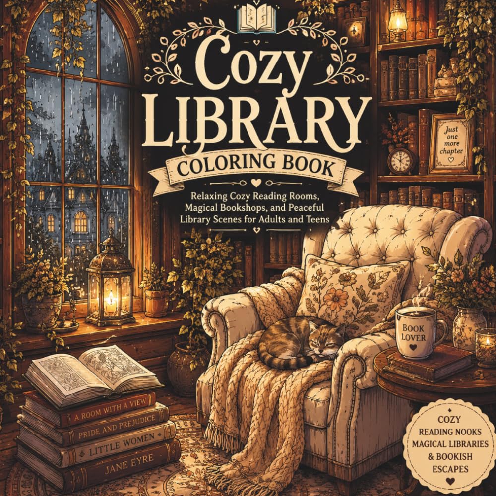 Cozy Library Coloring Book: Relaxing Cozy Reading Rooms, Magical Bookshops, and Peaceful Library Scenes for Adults and Teens