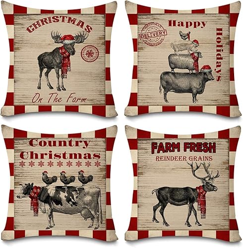 Juego de 4 fundas de almohada de Navidad con diseño de búfalo rojo con diseño de animales de granja, ciervos, alces, cerdos, decoración de granja,