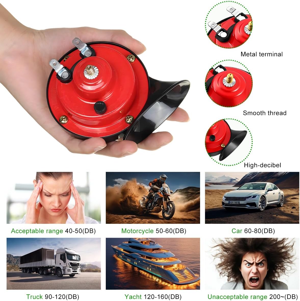 300DB Super Loud Train Horn, 12V Waterproof Auto Electric Snail Horn Replacement, High Low Tone Air Snail Horns for Truck Motorcycle Boat, Universal Car Accessories (Red)