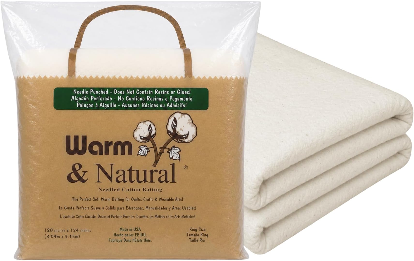 The Warm Company - Warm & Natural Cotton Quilt Batting โ King Size 120" x 124" โ Premium Quilt & Craft Batting for Sewing & Quilting Projects
