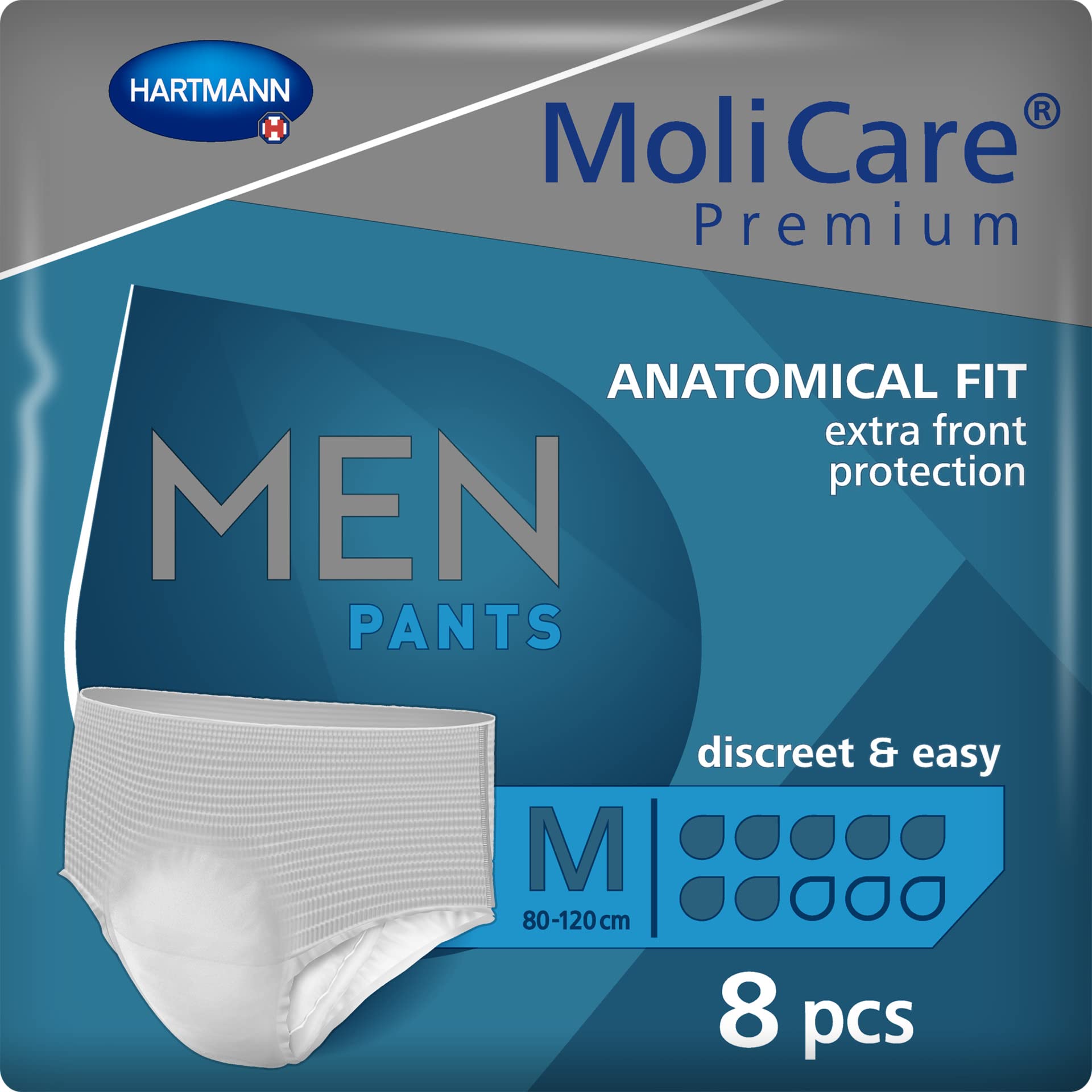 MoliCare Premium Men Pants | 7 Drops | Discreet Bladder Weakness Underpants | Fast Absorption and Leak Protection | Size M | 31-47inches (80-120cm) | Pack of 8
