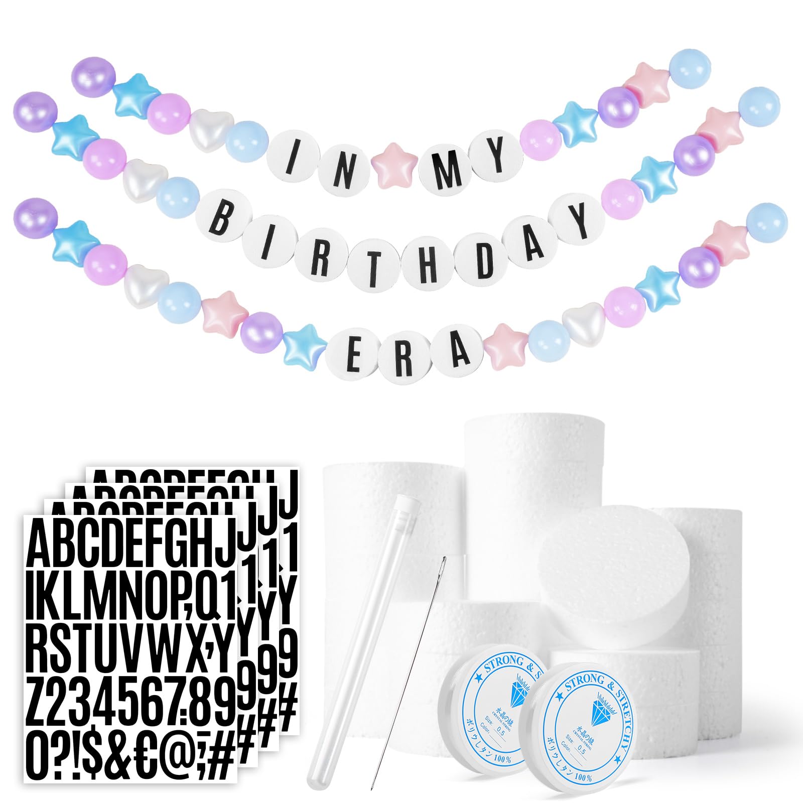 Photo 1 of Giant Friendship Bracelet Banner DIY Customizable Birthday Garland with Foam Circles & Plastic Balls for Singer Celebration (Pink Blue Purple)