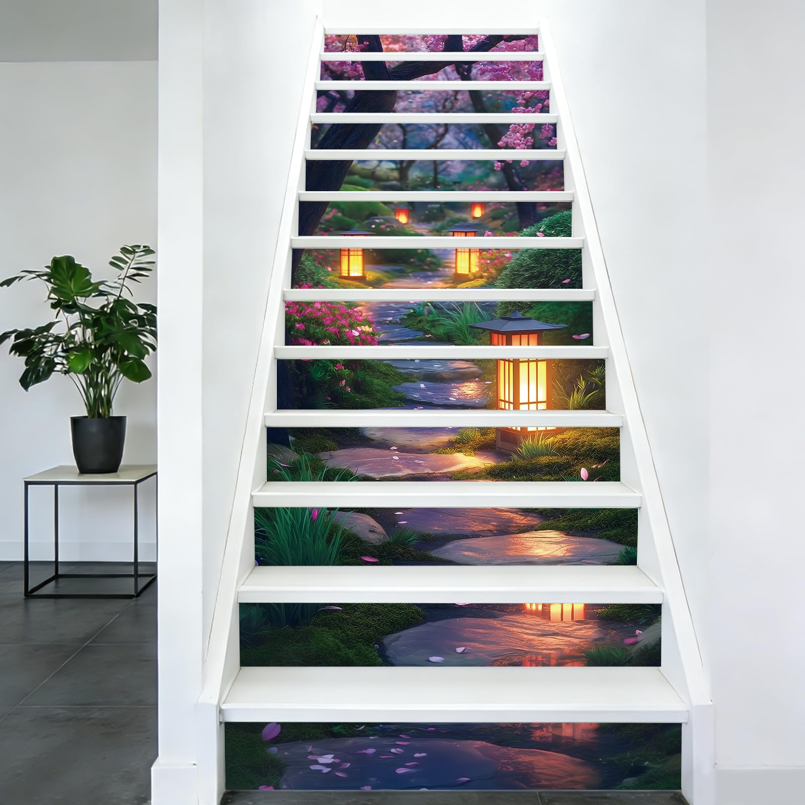 PLIGREAT 15 Pack Stair Risers Decals Flower Stone Steps Peel and Stick Staircase Stickers Self-Adhesive Dreamy Path Art Staircase Murals for Steps DIY Home Hotel Stair Makeover Decor, 18x100cm